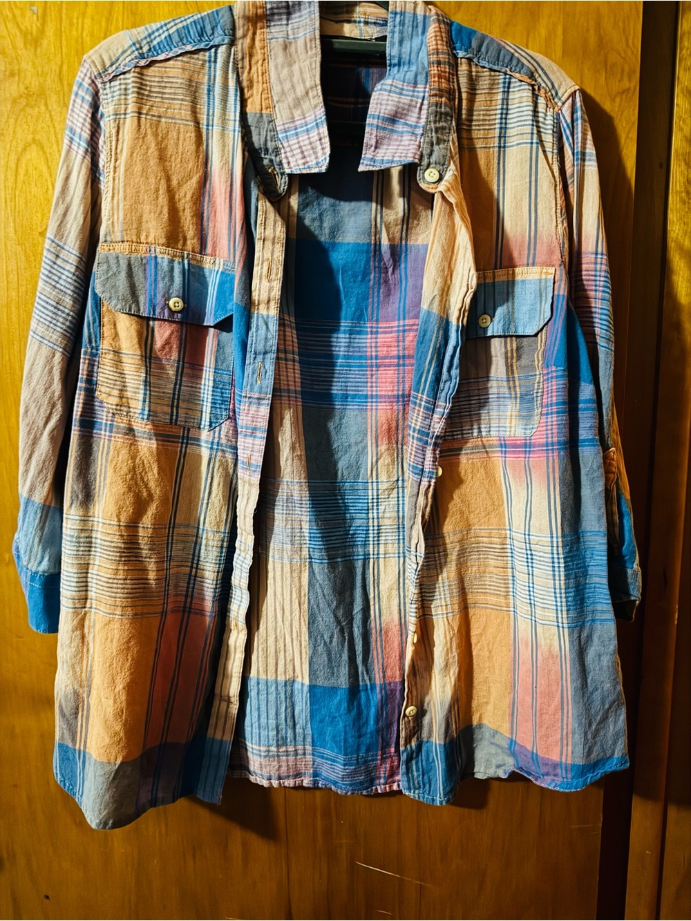 Eddie Bauer Plaid Button-Down Shirt Jacket in Blue and Tan